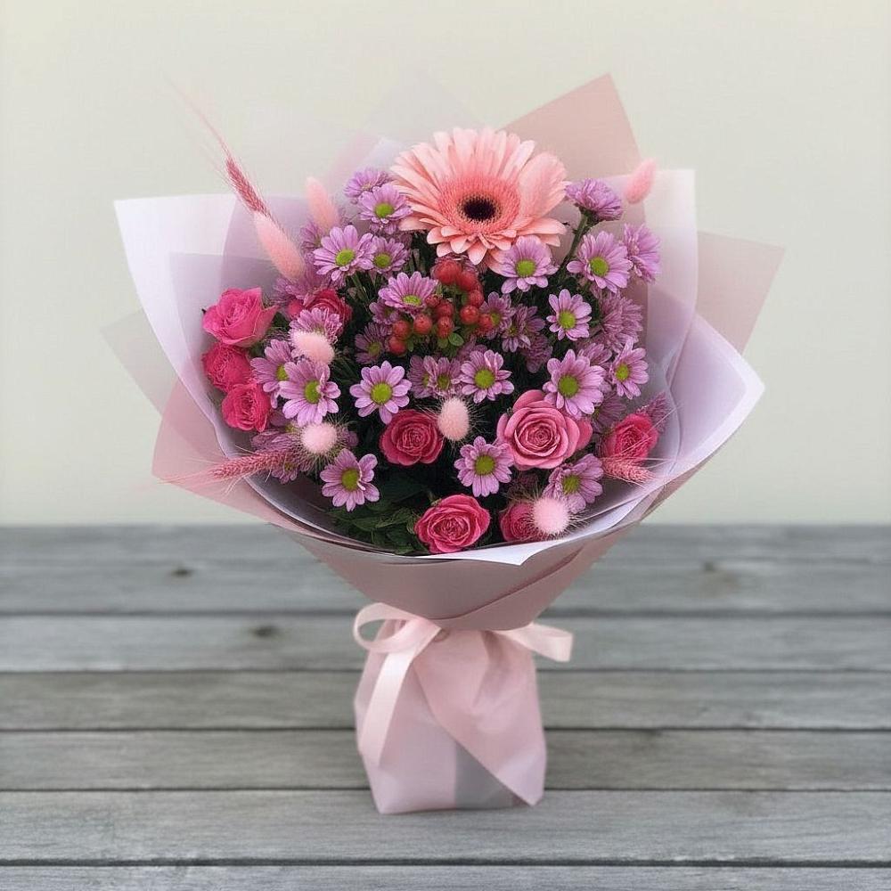 Букет цветов из: Розы, Герберы и Хризантемы в Никольский